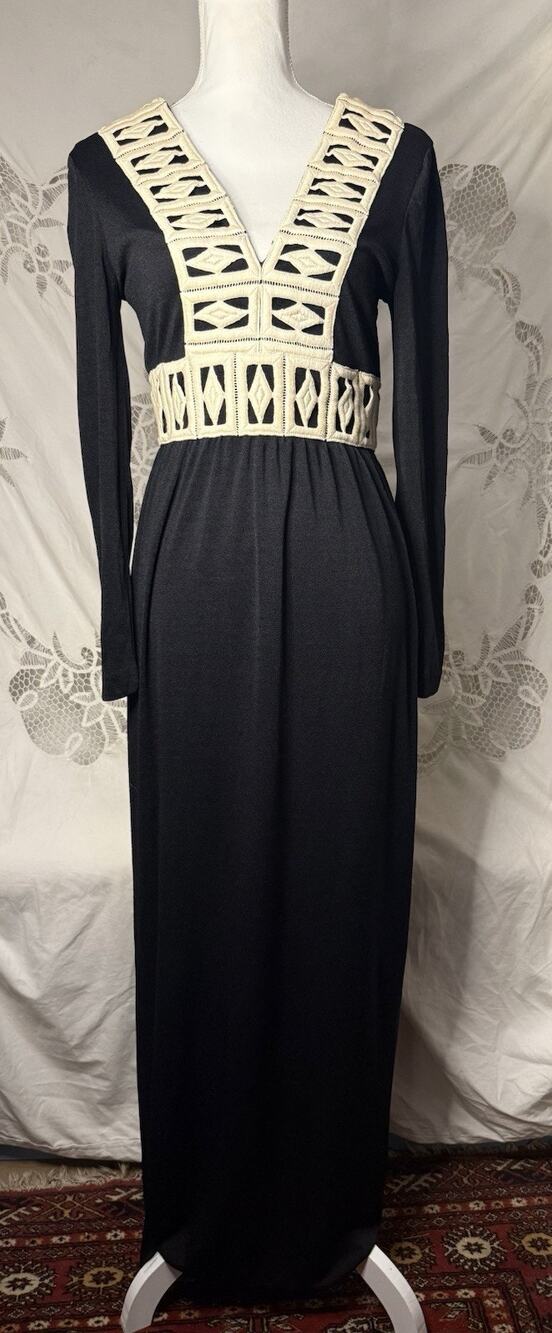 Vintage 70s Eve Le Coq Small Black Maxi Dress Boho Gothic Heavy Embroidery
